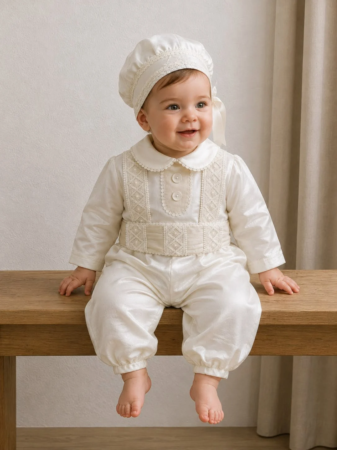 Bebé sentado con conjunto de bautizo beige, gorra y pantalón; se aprecia la prenda completa.